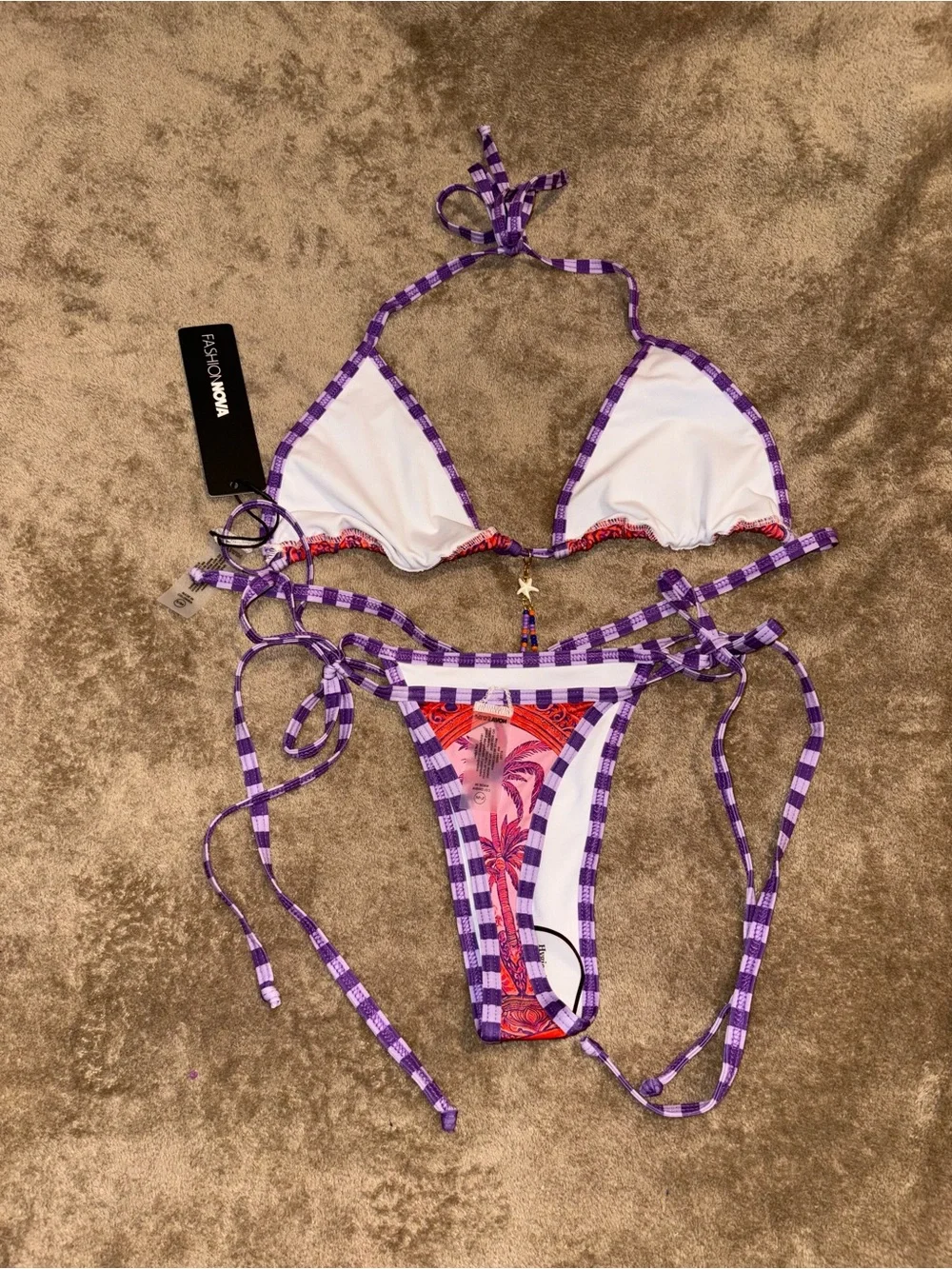 NWT Purple Check & Pink Palm Print Thong Triangle Bikini